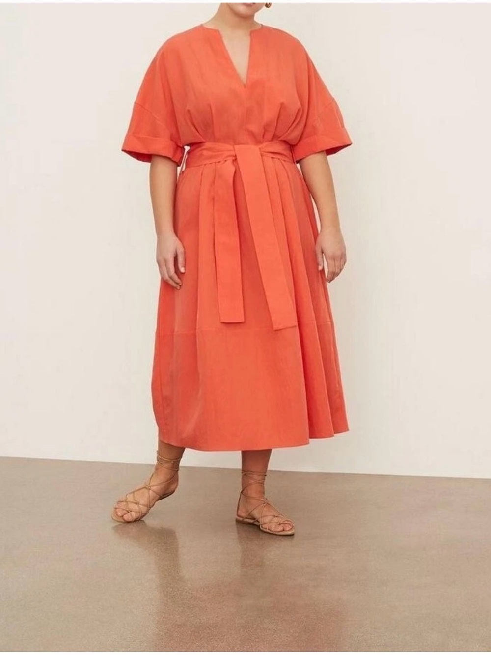 Vince Camuto Coral-Red V-Neck Belted Midi Dress
